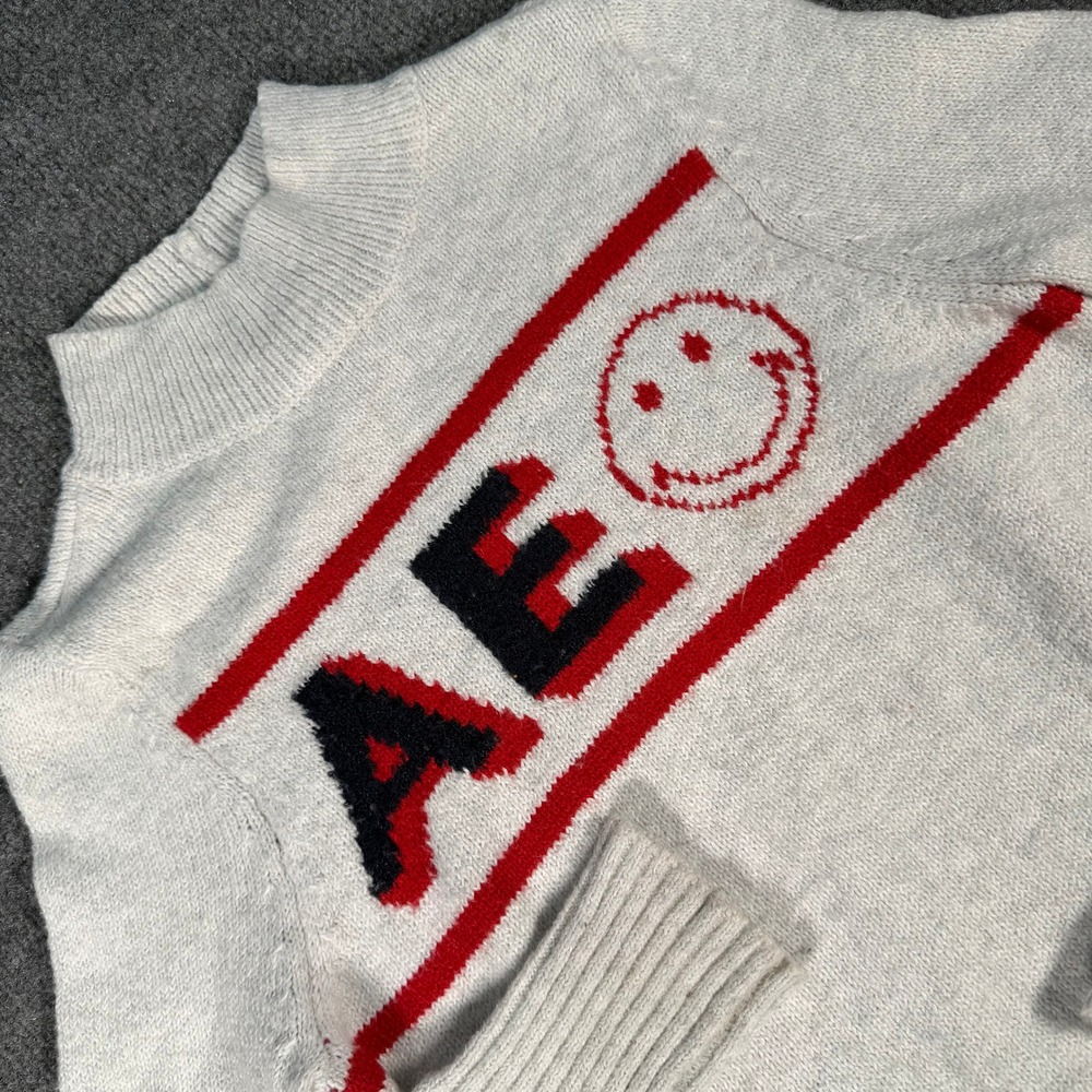American Eagle x Smiley Kids XS Gray Mock Neck Intarsia Knit Sweater #4414